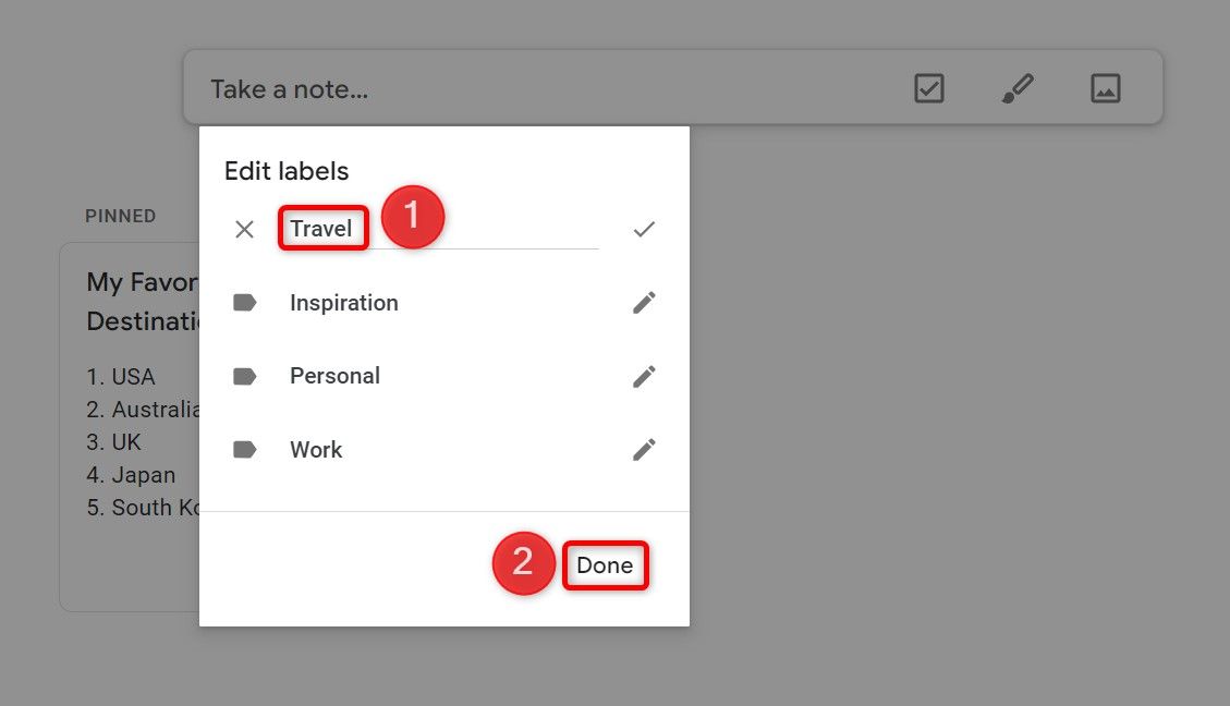 New label name and “Done” highlighted in Google Keep.