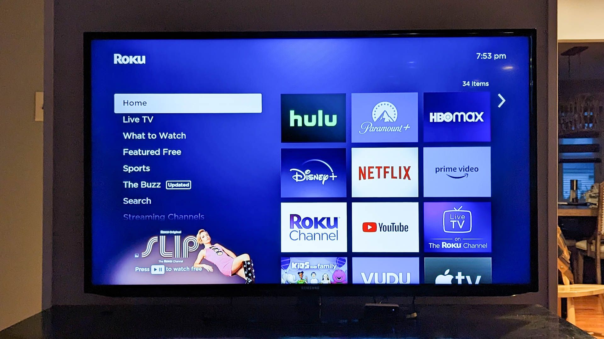 Roku home screen opened on a TV