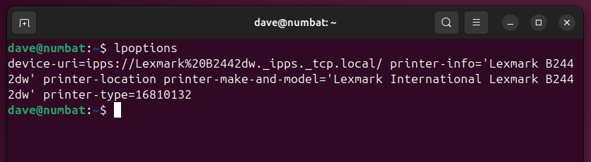 Using lpoptions in a Linux terminal window, to get the details of the printer.