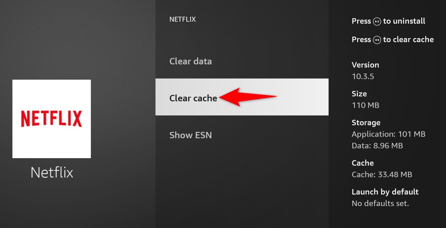 'Clear Cache' highlighted for an app on a Fire TV Stick.