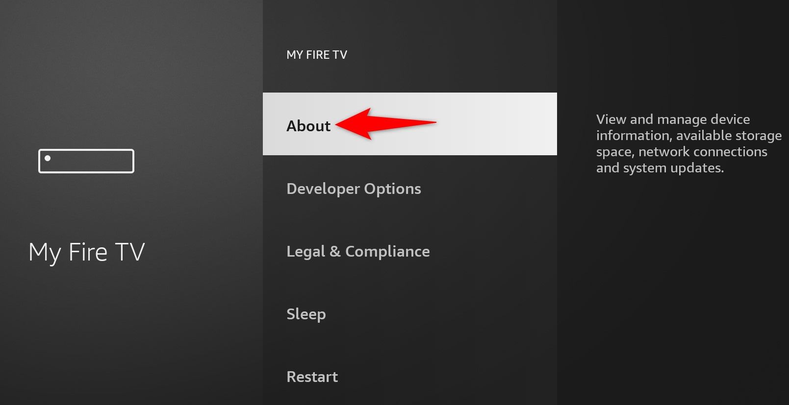 'About' highlighted in the 'My Fire TV' menu on a Fire TV Stick.