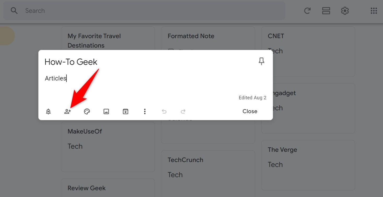 The Collaborator icon is highlighted for a note in Google Keep.