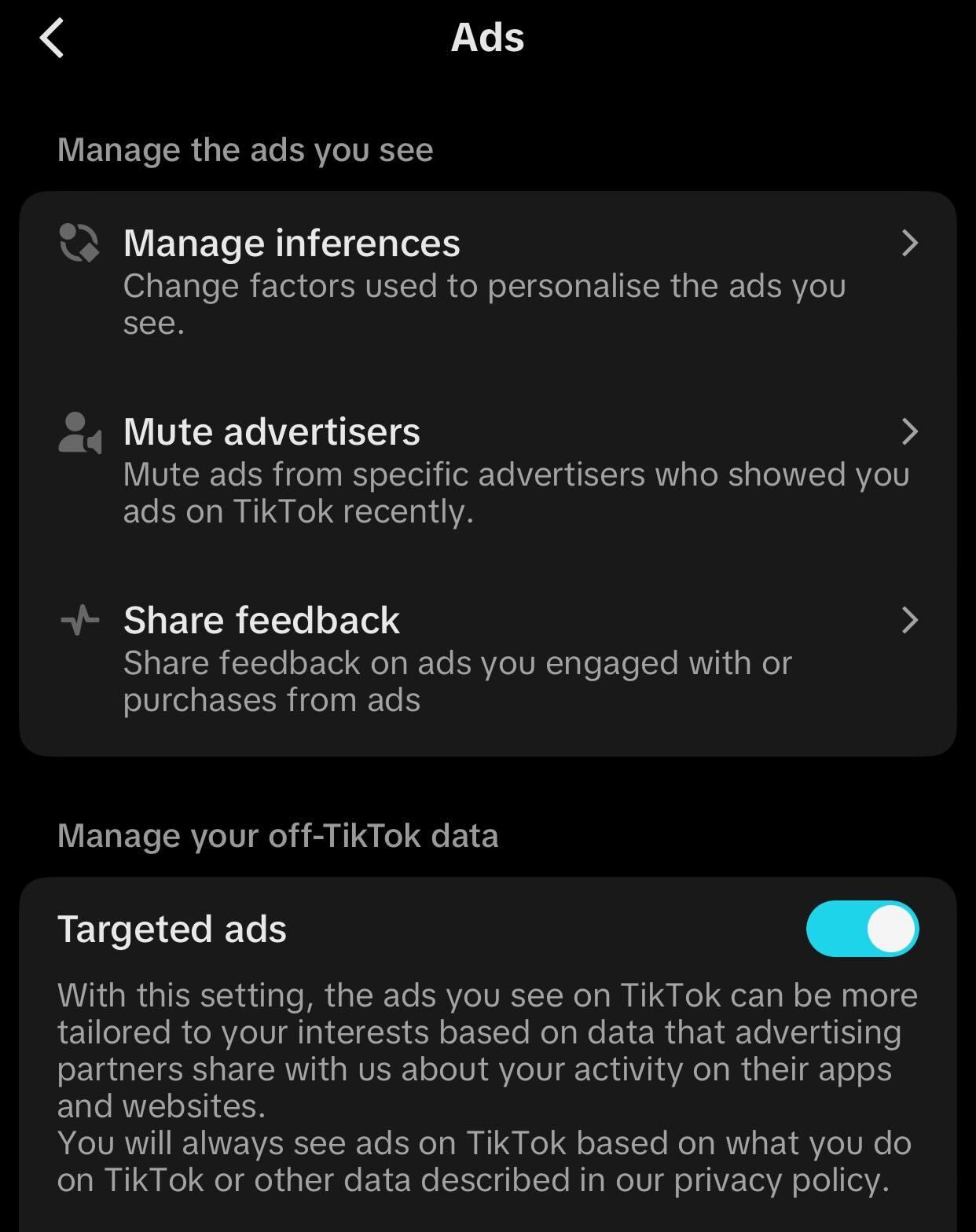 Tweaking Ad Preferences in TikTok settings.