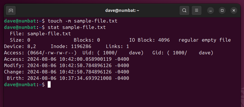 Using the touch command to set a file&rsquo;s modification time to the current PC time, on the Linux command line.