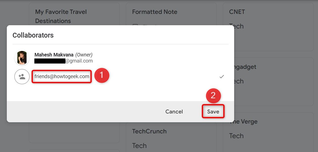 A collaborator's email address and 'Save' highlighted for a note on Google Keep.