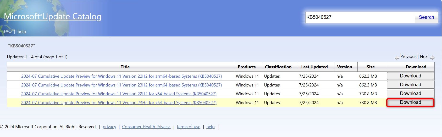 'Download' highlighted for an update on the Microsoft Update Catalog site.