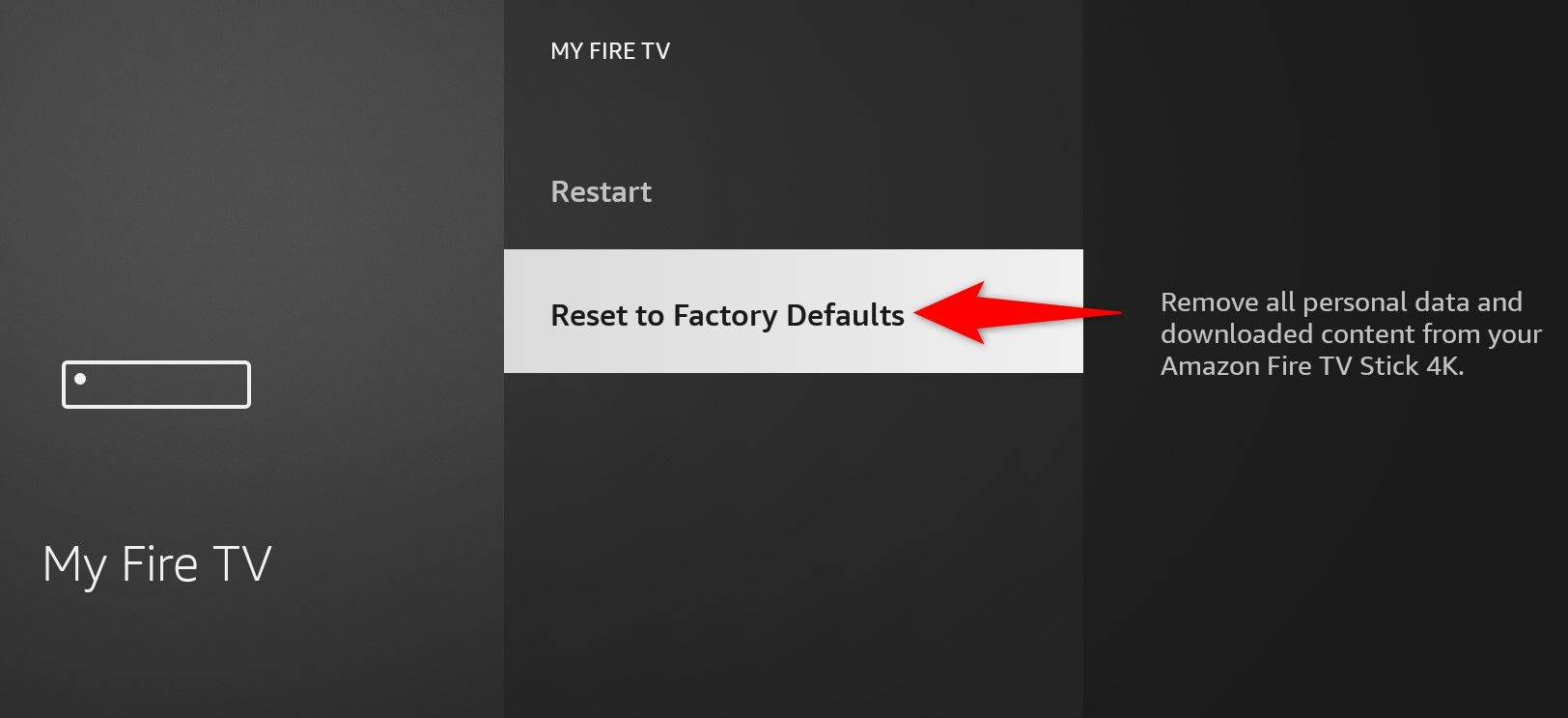 'Reset to Factory Defaults' highlighted on a Fire TV Stick.