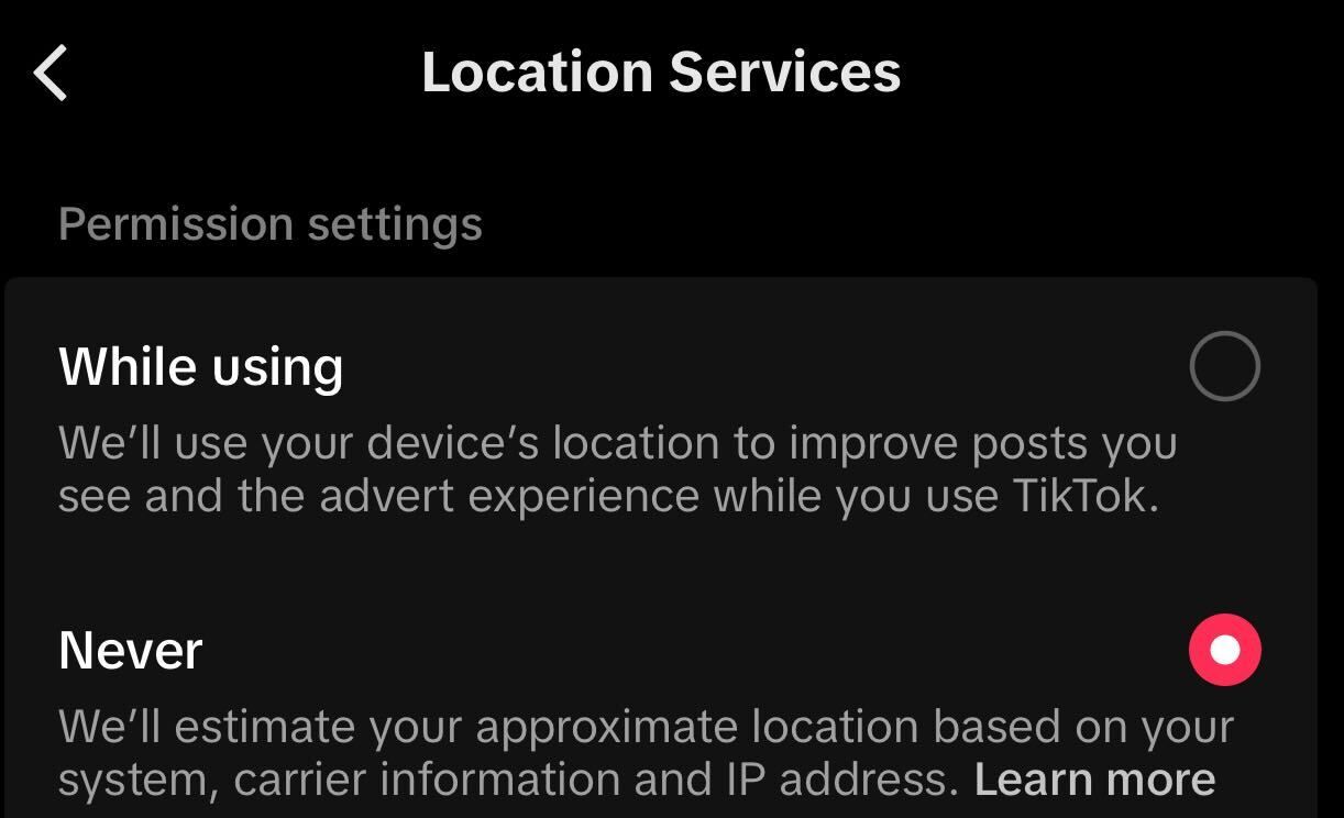 Tweaking Location Services settings on TikTok.