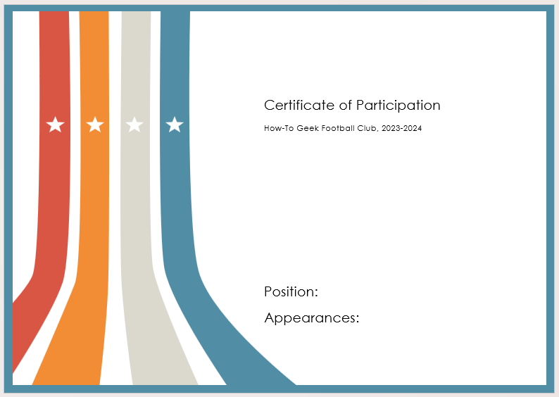 A certificate created in Microsoft Word, with participant details remaining incomplete, ready for their addition via mail merge.