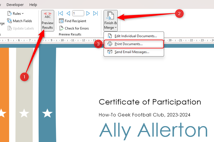 A certificate in Microsoft Word, with the mail merge results previewed, and the Finish And Merge drop-down selected.