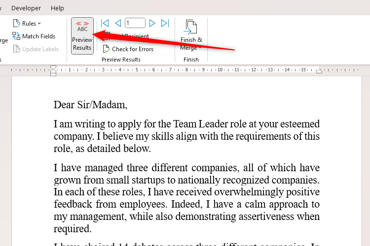 A cover letter, generated through a mail merge with a pre-created Excel worksheet.