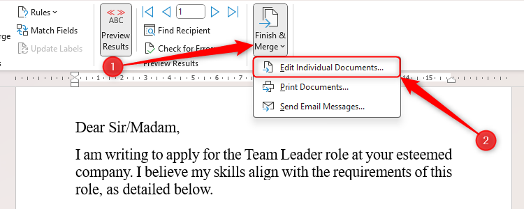 A cover letter in Word, created via mail merge, with the Finish And Merge drop-down expanded, and Edit Individual Documents selected.