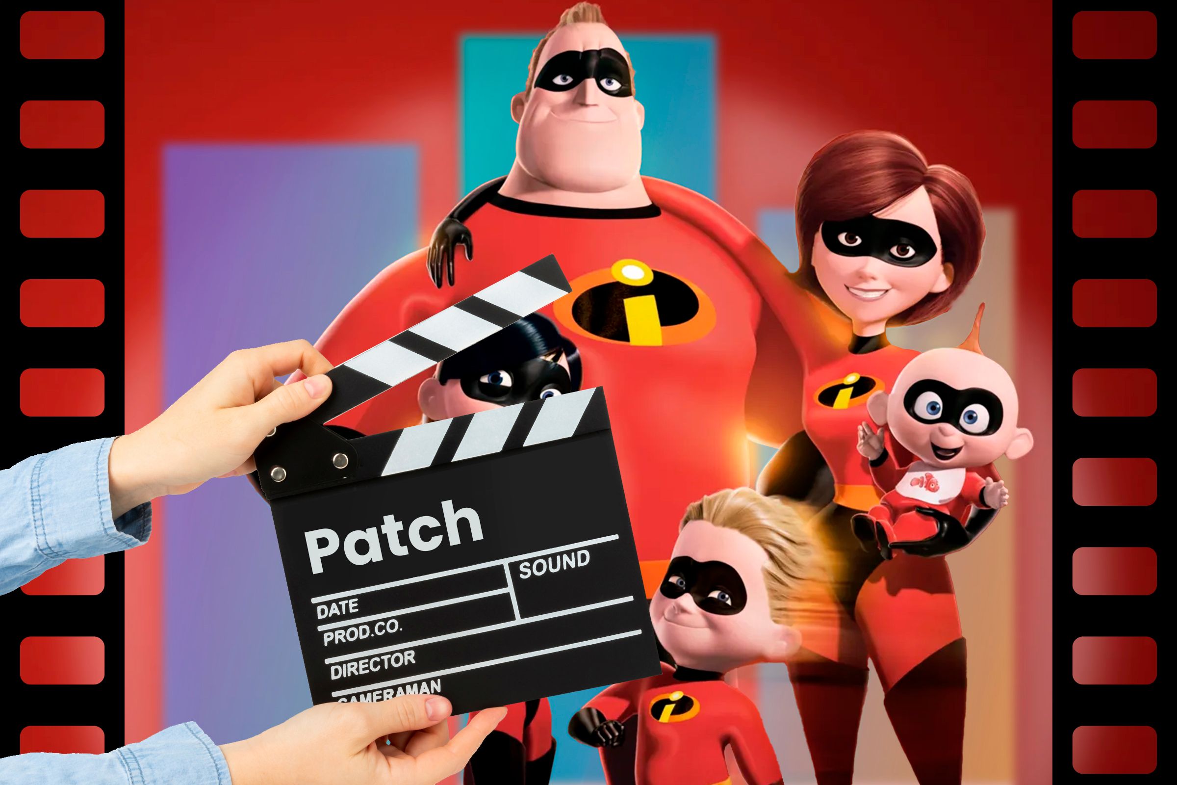 A hand holding a clapperboard with &lsquo;path&rsquo; written on it and an image from the movie &lsquo;The Incredibles&rsquo;.