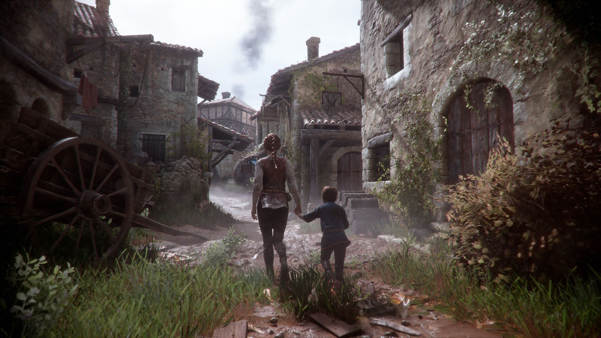 A Plague Tale Innocence official screenshot showig two characters standing among buildings.