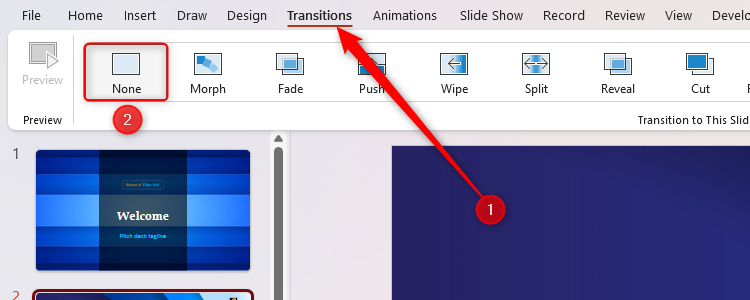 A PowerPoint file with the Transitions tab opened, and None selected as the transition type.