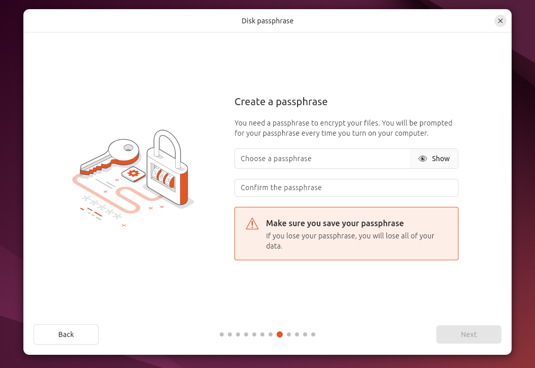 A prompt asking you to create a passphrase to encrypt your data during Ubuntu installation.