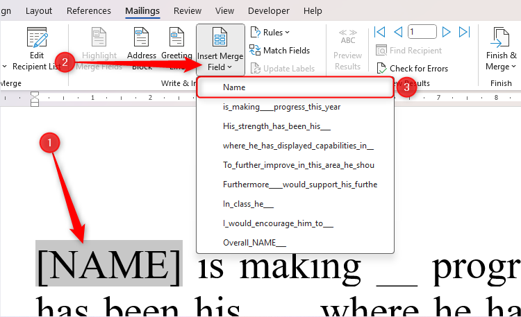 A report in Word, with [NAME] selected, and the relevant field from the Insert Merge Field drop-down selected.