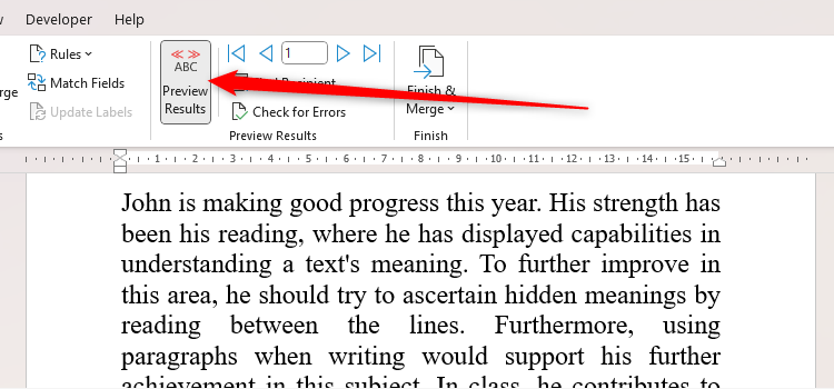 A report in Word, with the Preview Results icon selected to see the results of the mail merge operation.