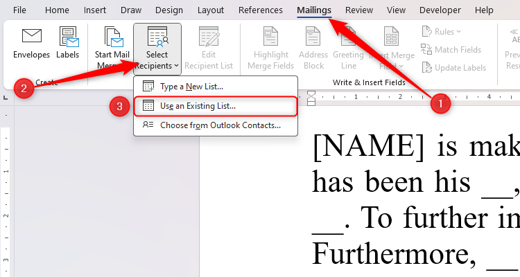 A report template in Word, with the Select Recipients drop-down opened, and Use An Existing List selected.