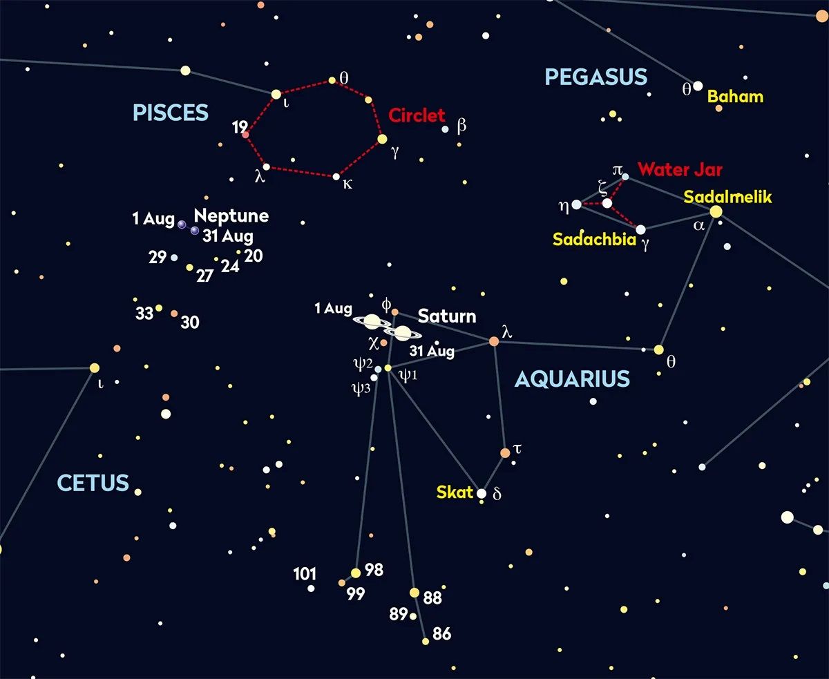 A sky map showing the location of Saturn on August 31, 2024.