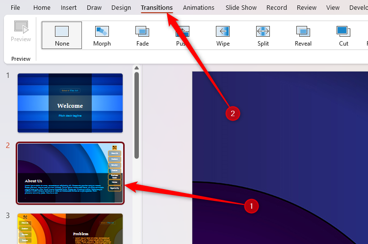 A slide selected in PowerPoint, and the Transition tab opened.