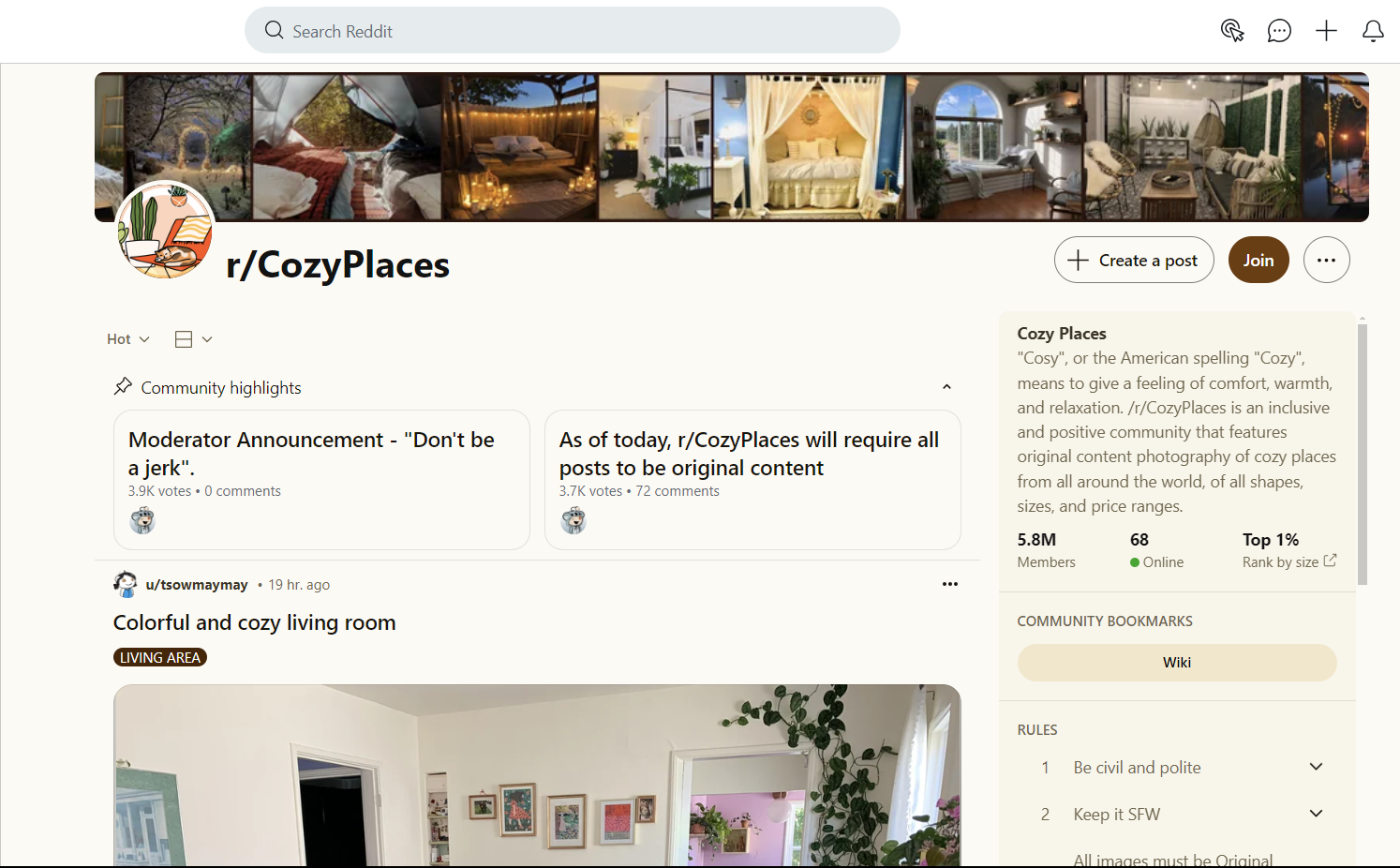 A snapshot of the subreddit r/CozyPlaces on Reddit.