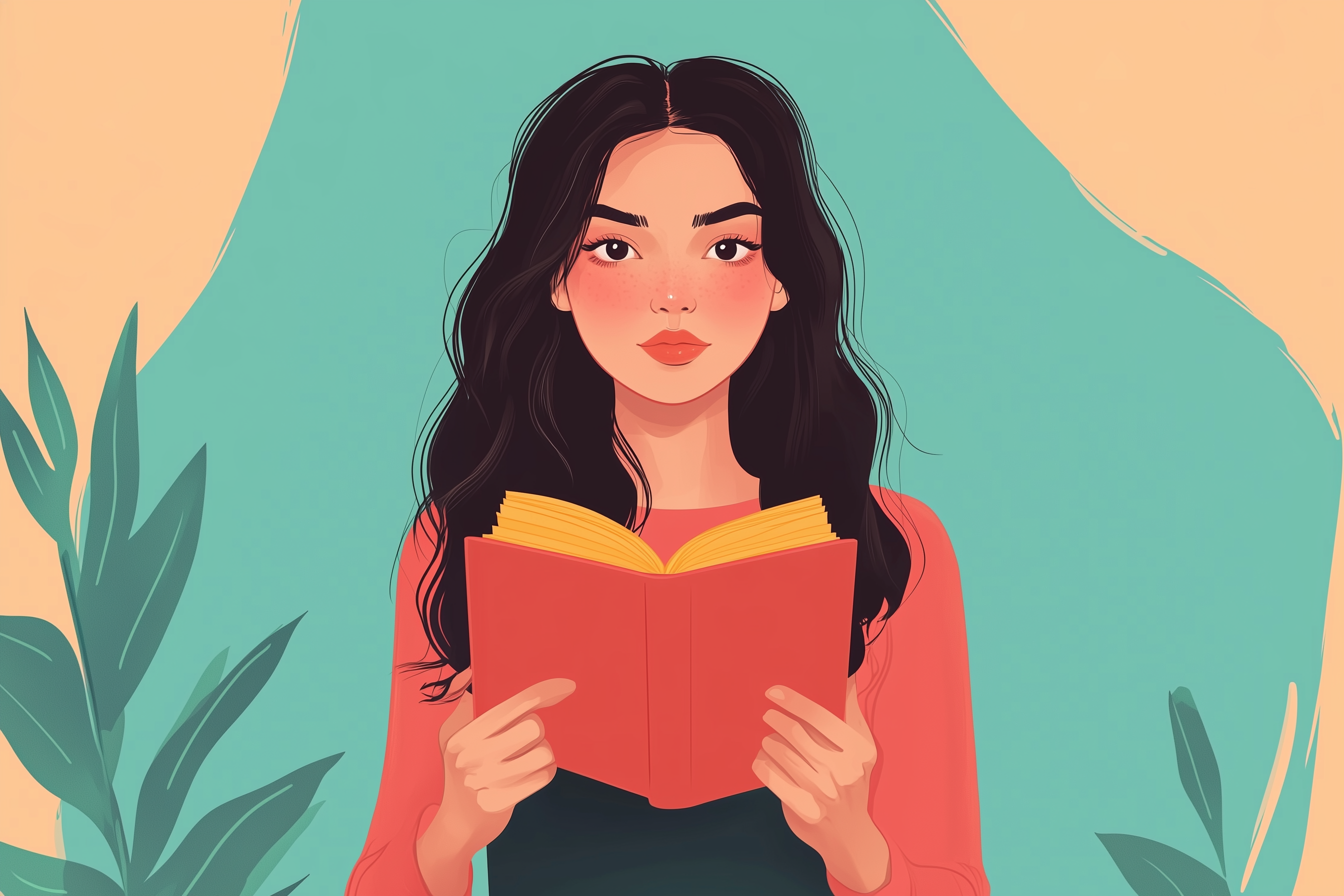 A social influencer woman holding a book and looking into the camera