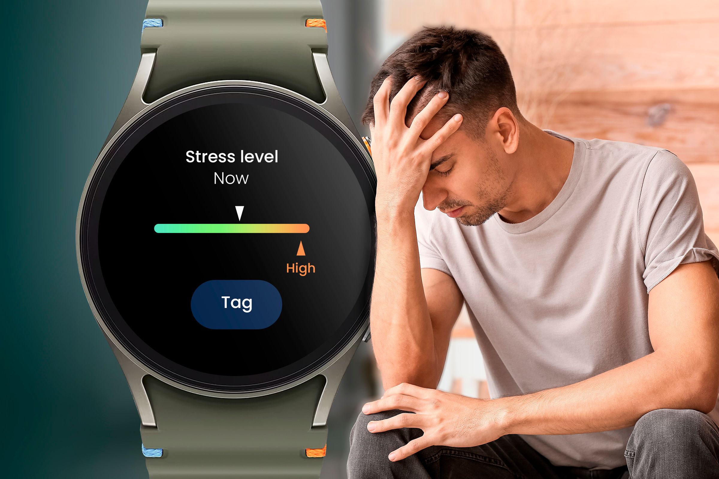 A stressed person with a Galaxy Watch next to them.