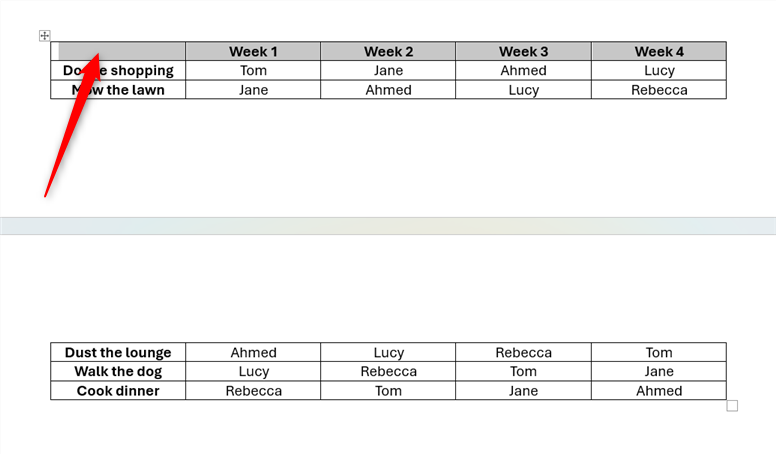 A table in Word with the header row selected.