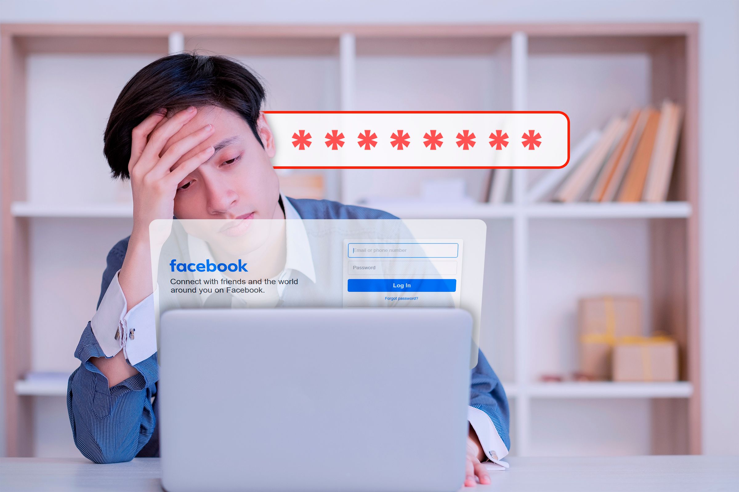 A tired-looking young man staring at a laptop screen on the Facebook login page, with a password entry field behind him.