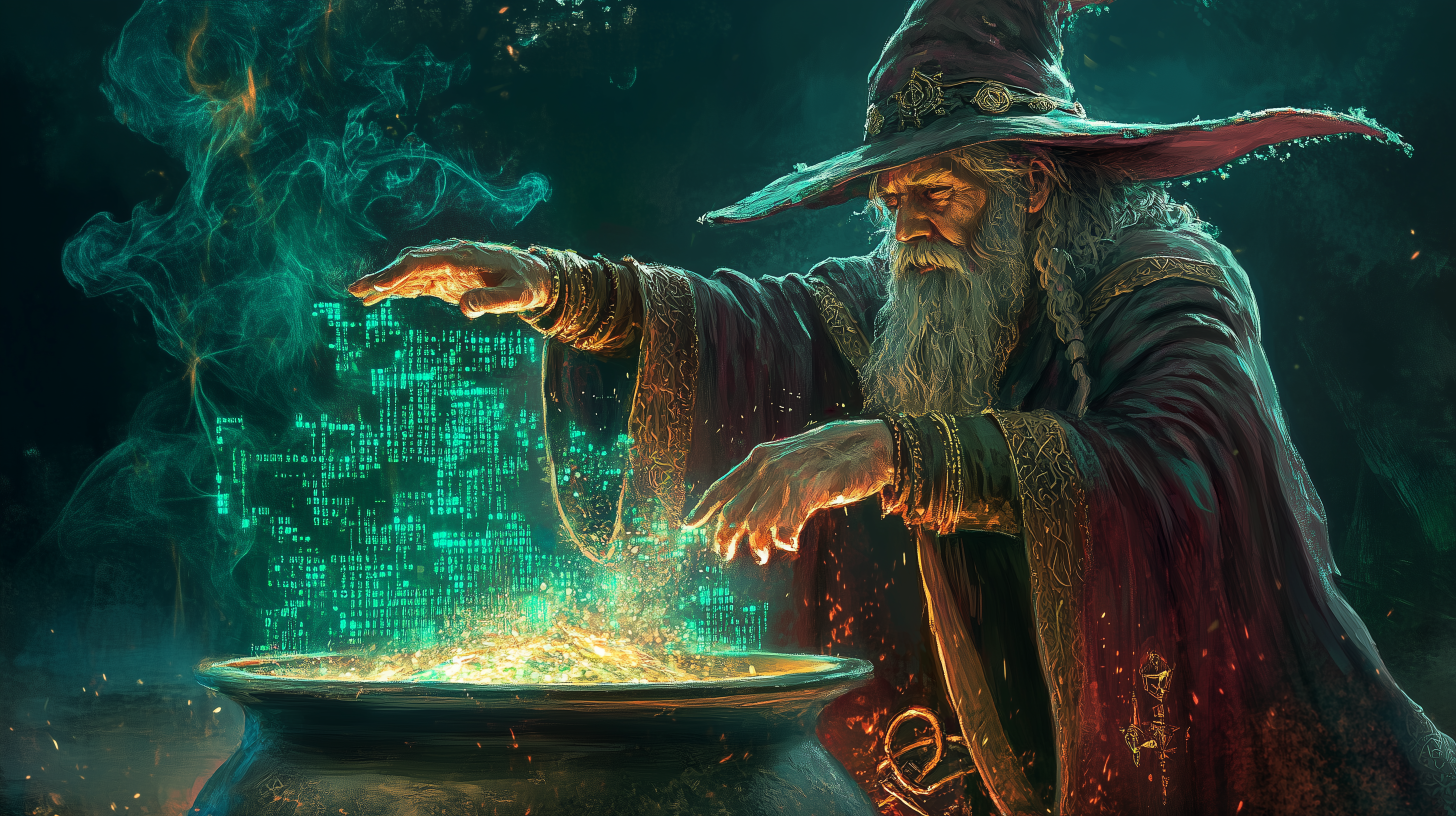 A wizard stirring a cauldron full of computer code as he programs spells