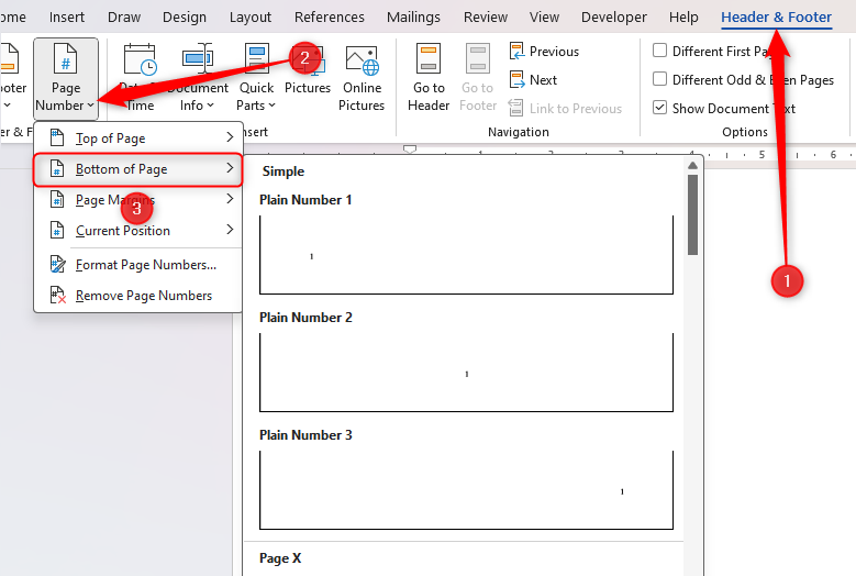 A Word document, with the Footer activated, and the Page Number menu in the Header And Footer tab selected.