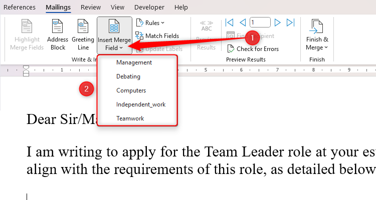 A Word document with the Insert Merge Field drop-down, and the different job skills displayed.