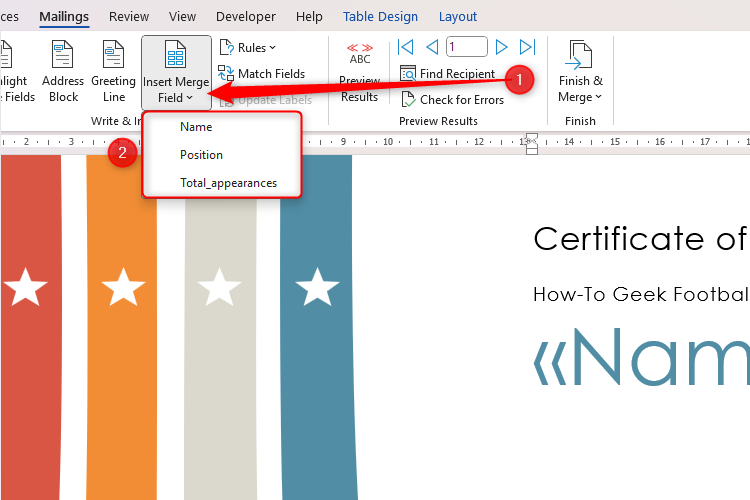 A Word document, with the merge fields added to the certificate template design.