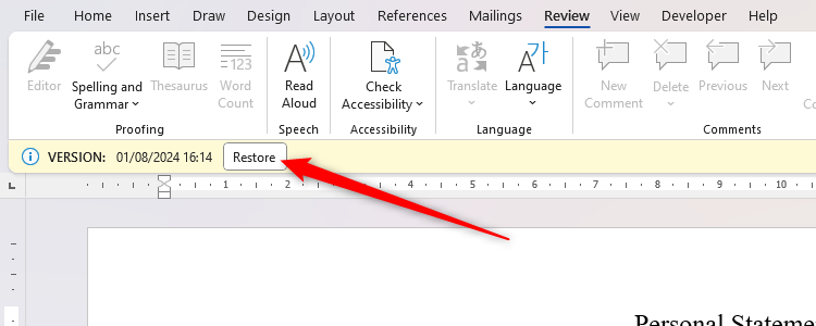 A Word document, with the option to restore a previous version selected.