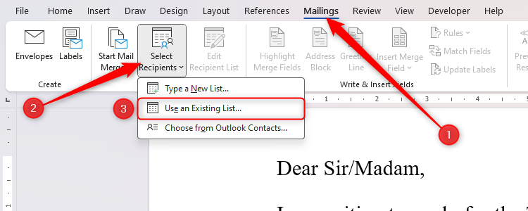 A Word document, with the Select Recipients drop-down opened, and Use An Existing List selected.