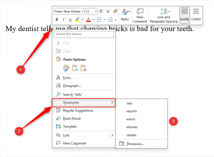 A Word document with the Synonyms option displayed under the word 'tells.'