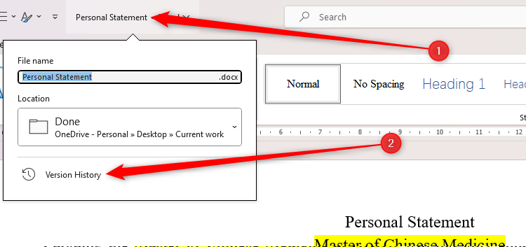 A Word document, with the Version History option highlighted.