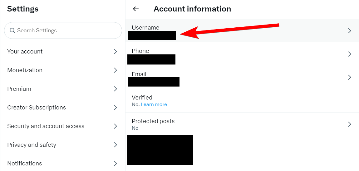 The "Username" option in the Account Information screen on the X website.