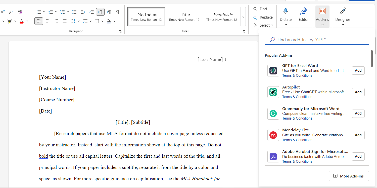 Adding add-ins in the Microsoft Word web version.