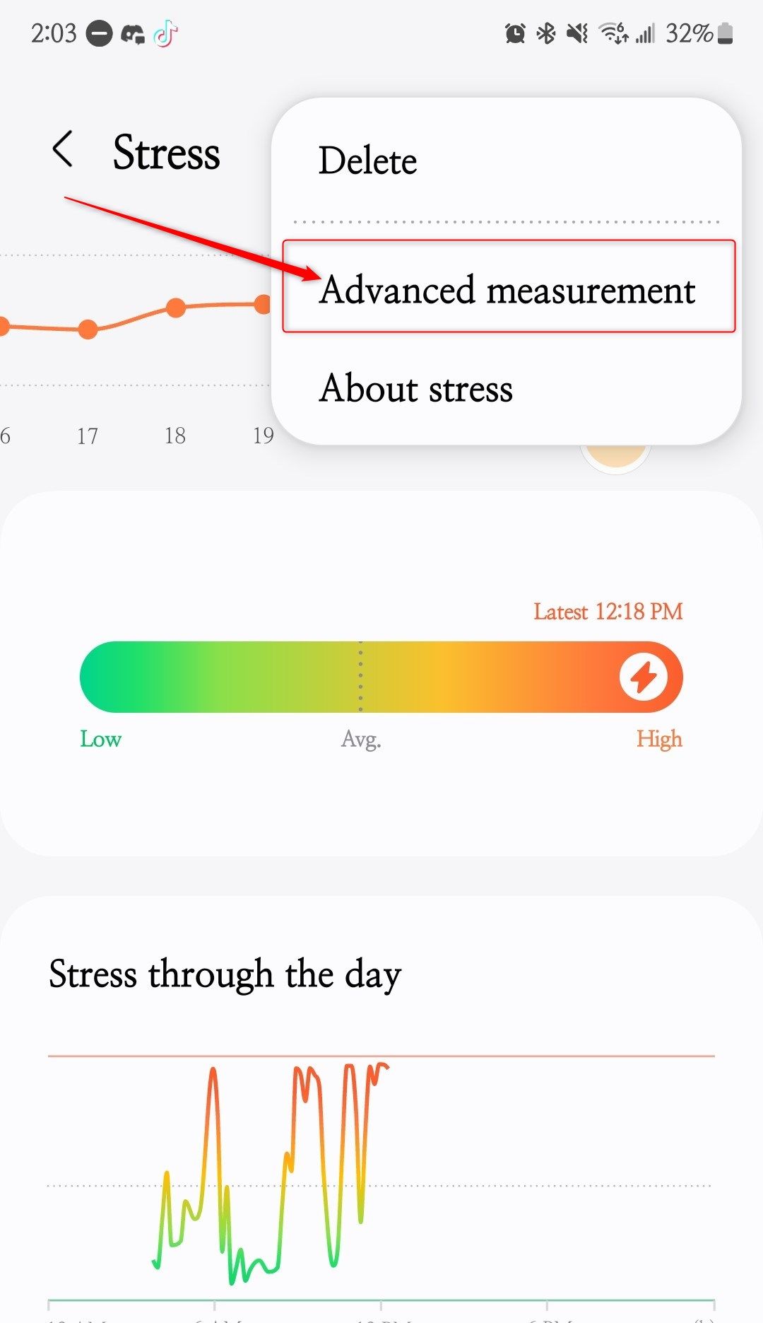 The Samsung Health screen, with advanced options highlighted.