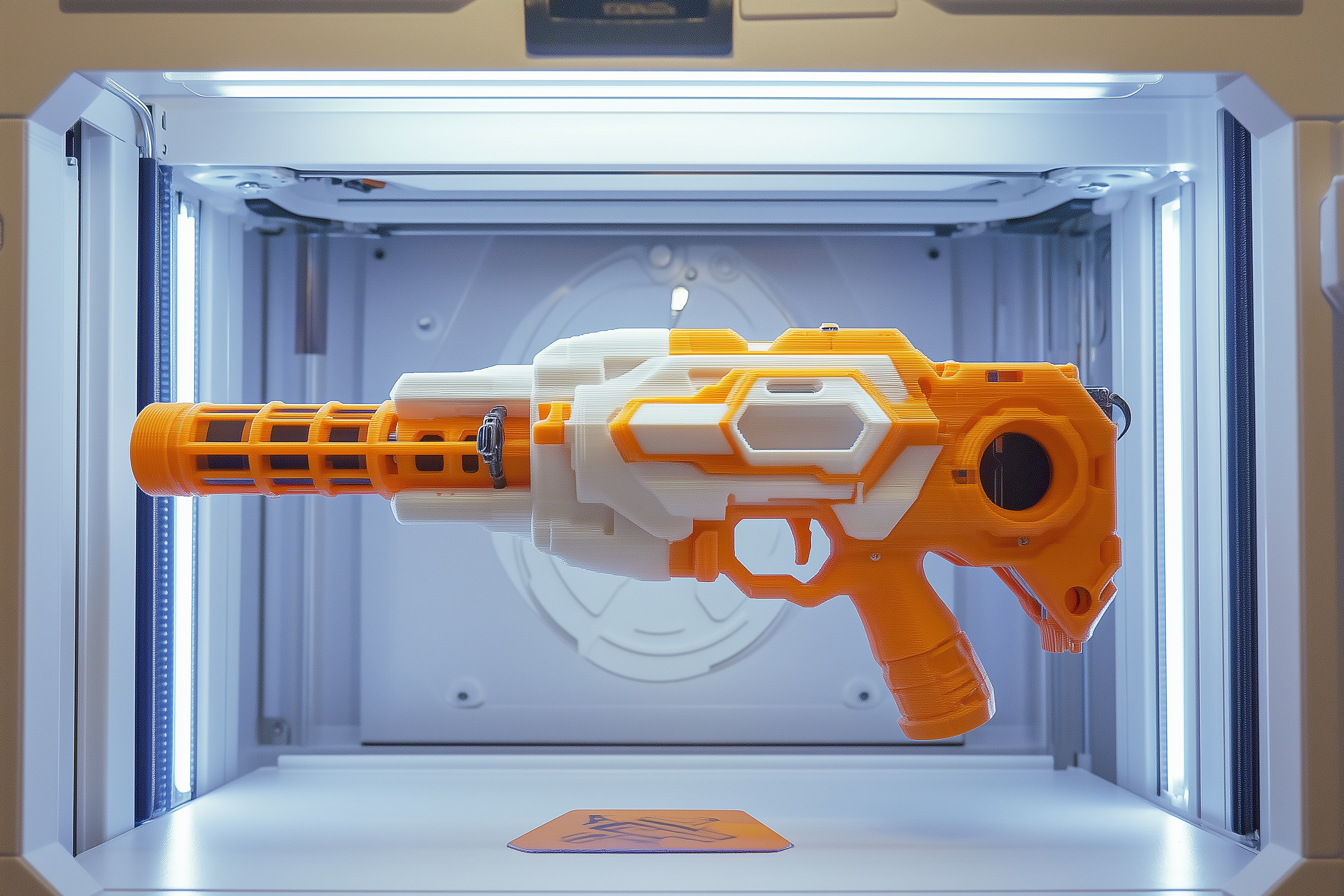 AI-generated image of a Nerf-style blaster floating in a futuristic 3D printer