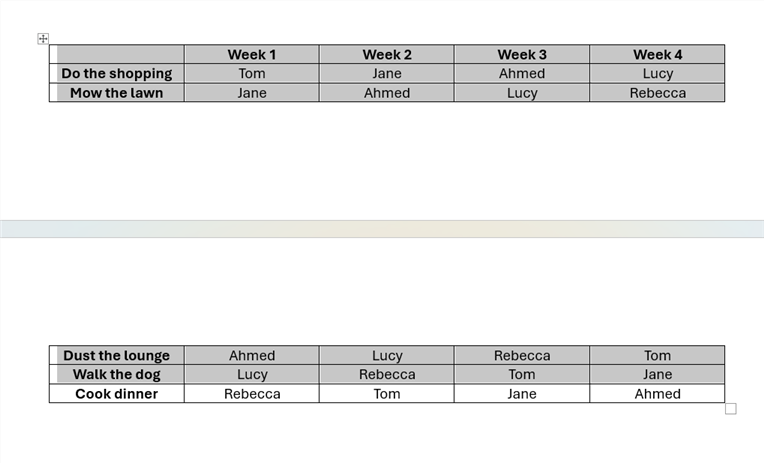 All rows of a table spanning two pages are selected, except or the bottom row.