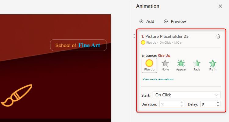 An animation card in the Animation Pane on PowerPoint for the web.