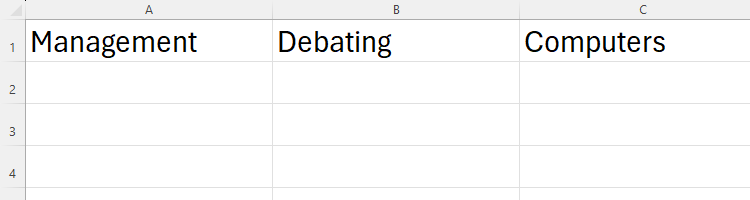 An Excel sheet containing a list of different skills across row 1.