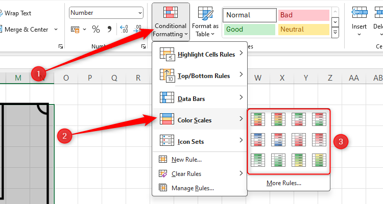 An Excel sheet containing data, and the Color Scales option in the Conditional Formatting drop-down menu is selected.