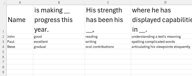 An Excel sheet containing details for a report that will be generated via Word's mail merge.