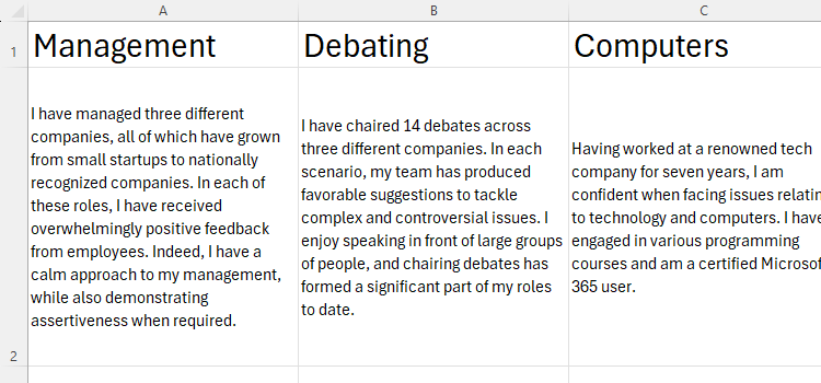 An Excel sheet containing different skills across row 1, and details of those skills in row 2.