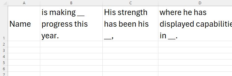 An Excel sheet containing parts of a report separated into individual columns.