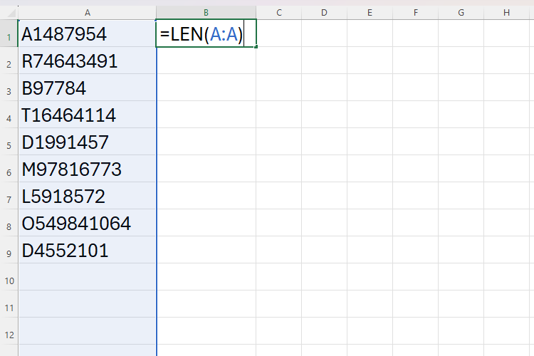 An Excel sheet containing values in column A, and the LEN function in cell B1.